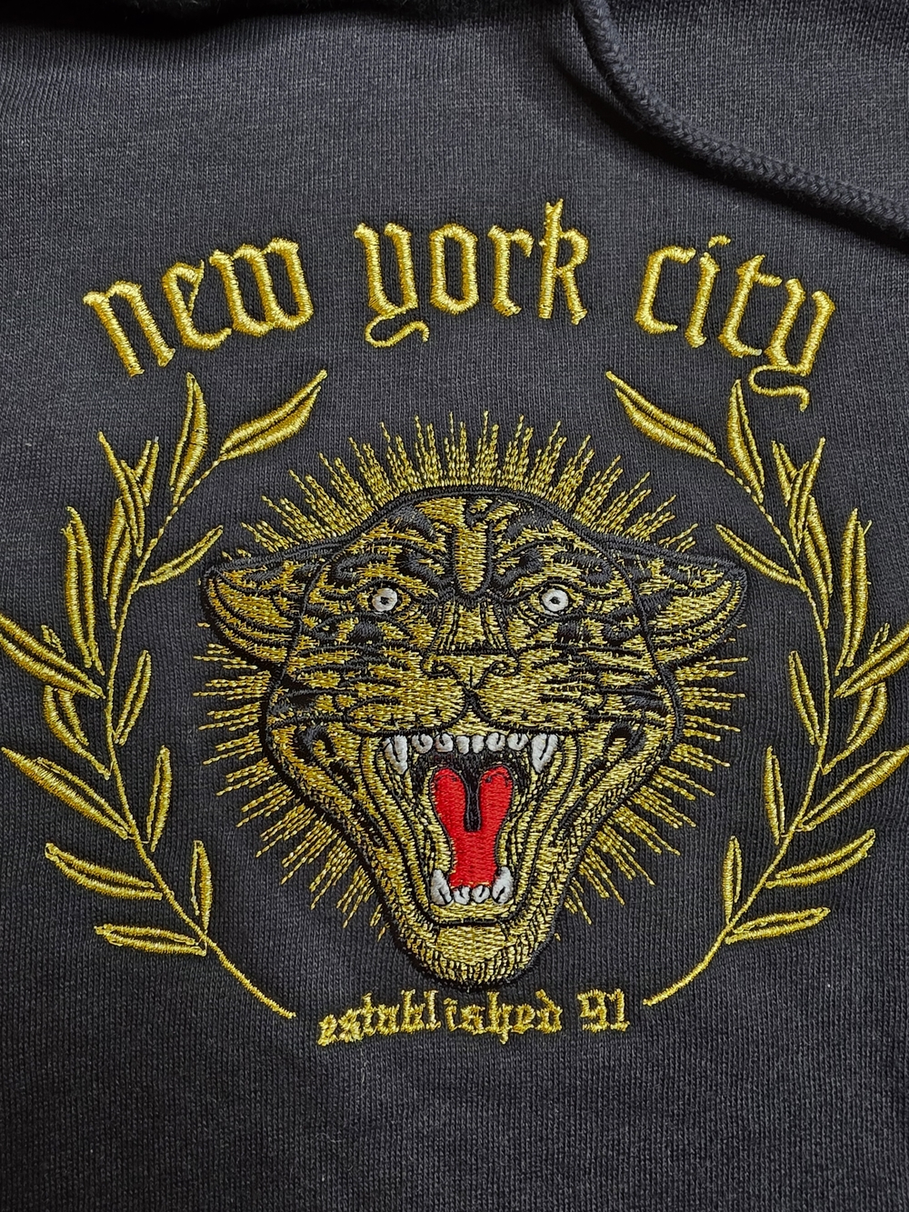 Divided H&M‎ Black Hoodie with Gold Embroidered Tiger and Red Accent Large - Picture 3 of 9